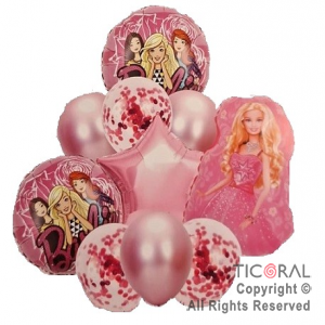 SET DE GLOBOS METALIZADOS BARBIE Y LATEX CON CONFETI x 10 UNIDADES